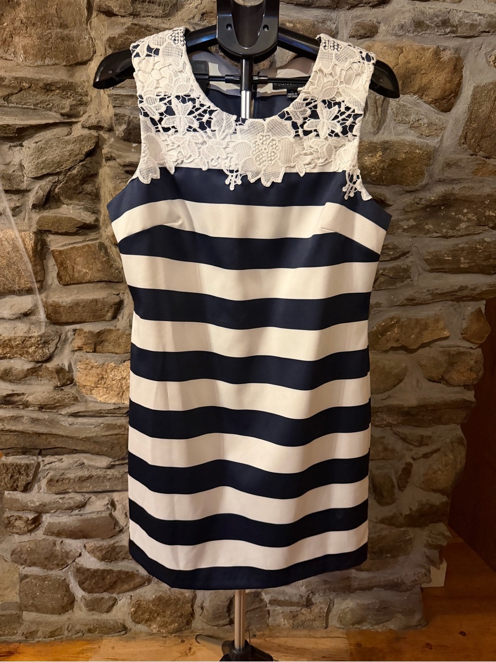 madison leigh Navy and White Striped Dress with Lace Yoke